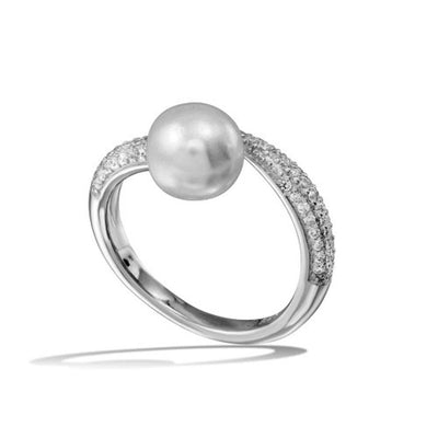 Sterling Silver Rhodium Plated CZ Fresh Water Pearl Center Ring
