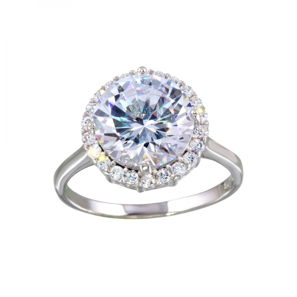 Sterling Silver Rhodium Plated Round Center CZ Ring