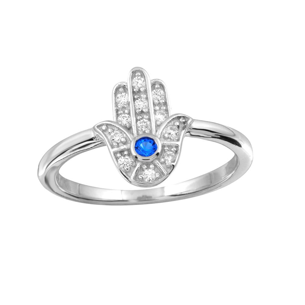 Sterling Silver Rhodium Plated Blue Hamsa Ring with CZ