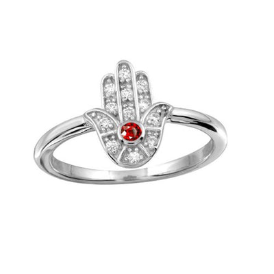 Sterling Silver Rhodium Plated Red Hamsa Ring with CZ