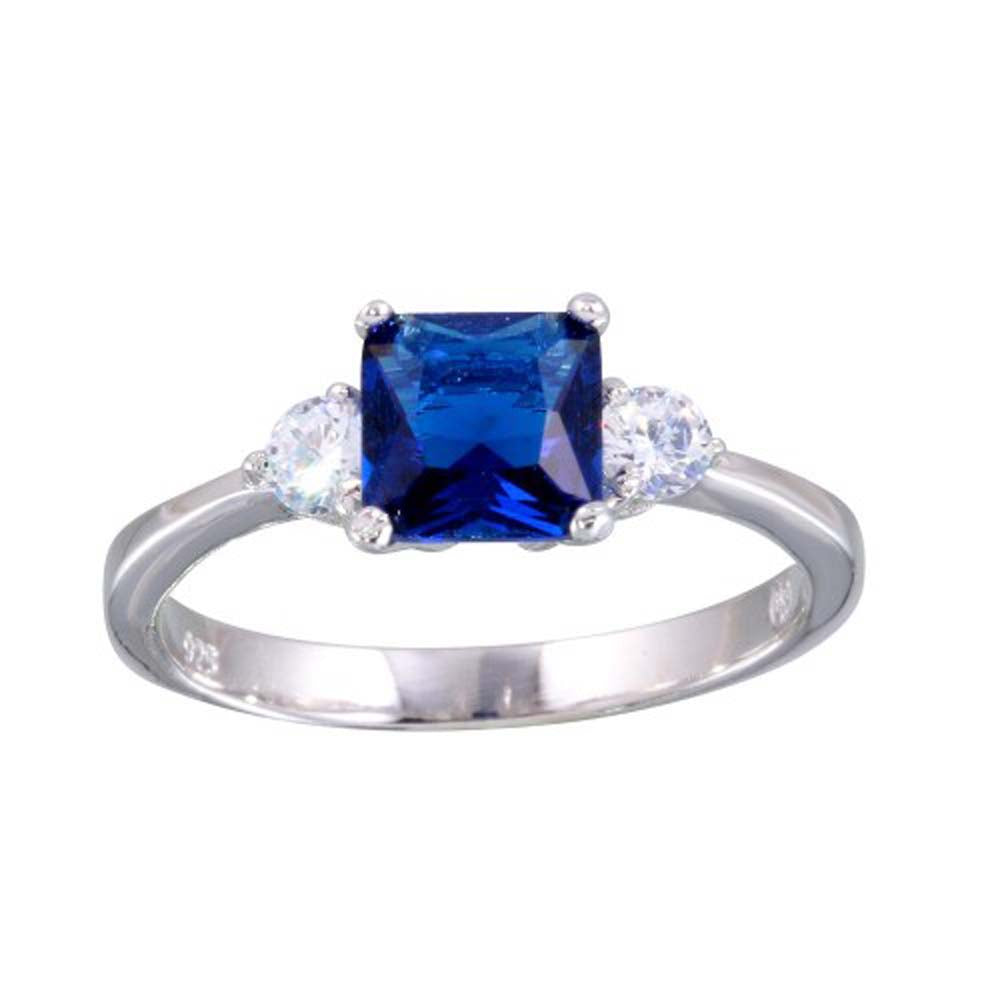 Sterling Silver Rhodium Plated Square Shaped Ring With Blue And Clear CZAnd Width 6.4mm