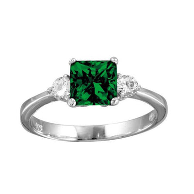 Sterling Silver Rhodium Plated Green CZ Sqaure Shaped Center Stone Ring