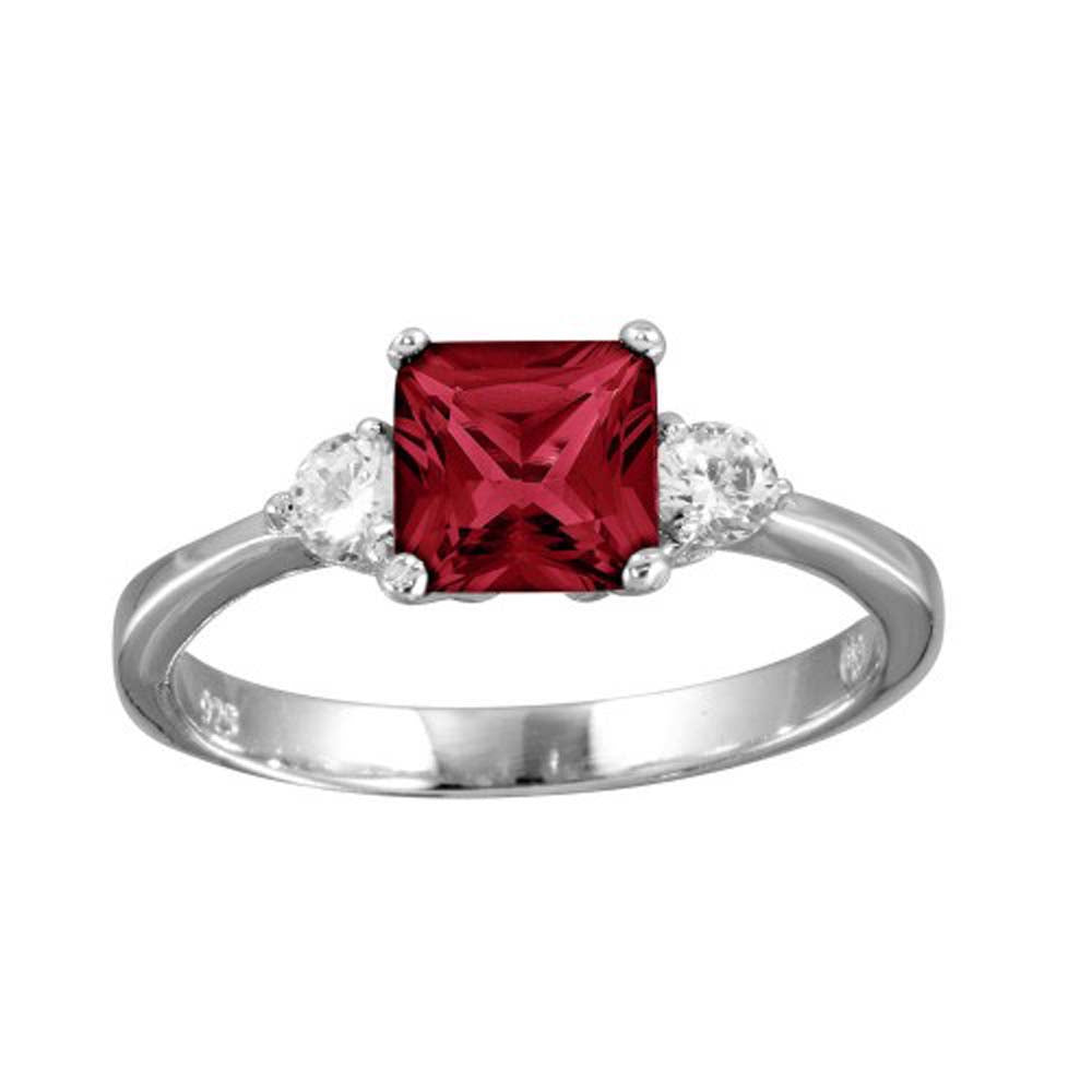 Sterling Silver Rhodium Plated Square Shaped Ring With Red And Clear CZ Stones