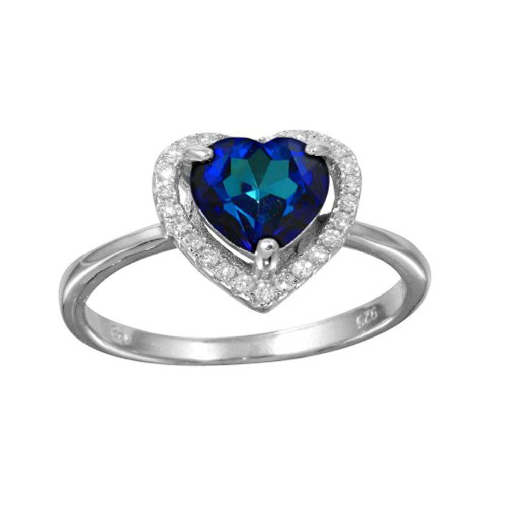 Sterling Silver Rhodium Plated Heart Shaped Ring With Blue And Clear CZAnd Width 10.7mm