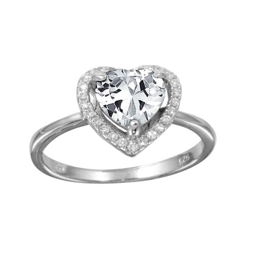 Sterling Silver Rhodium Plated Halo Heart Shaped Ring With CZ Stones