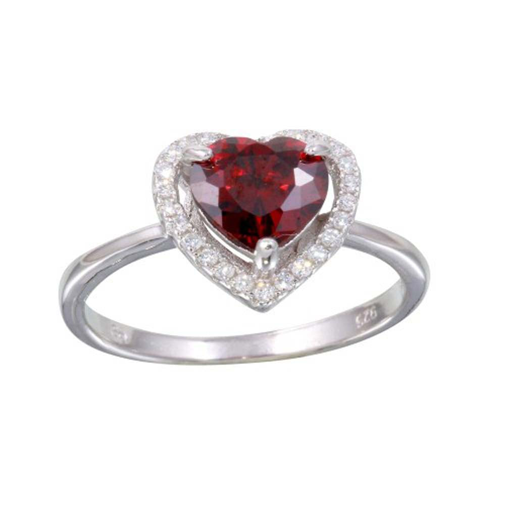 Sterling Silver Rhodium Plated Halo Heart Shaped Ring With Red And Clear CZ Stones