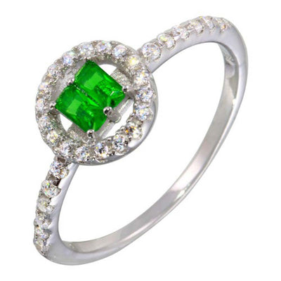 Sterling Silver Rhodium Plated Green Stone Rectangle Ring With CZ Stones