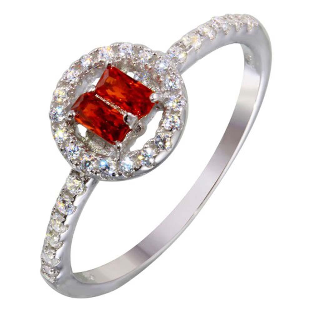 Sterling Silver Rhodium Plated Rectangle Shaped Ring With Red CZ Stones