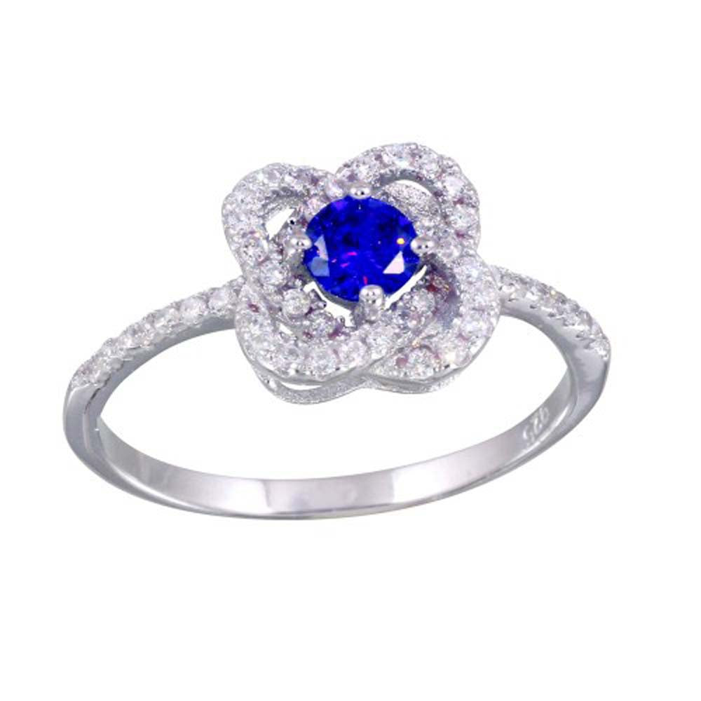 Sterling Silver Rhodium Plated CZ Knot Blue Center Stone Ring