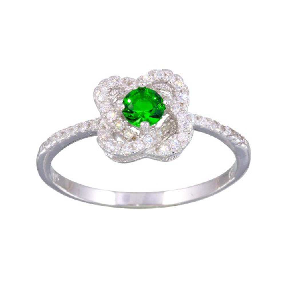 Sterling Silver Rhodium Plated CZ Knot Green Center Stone Ring