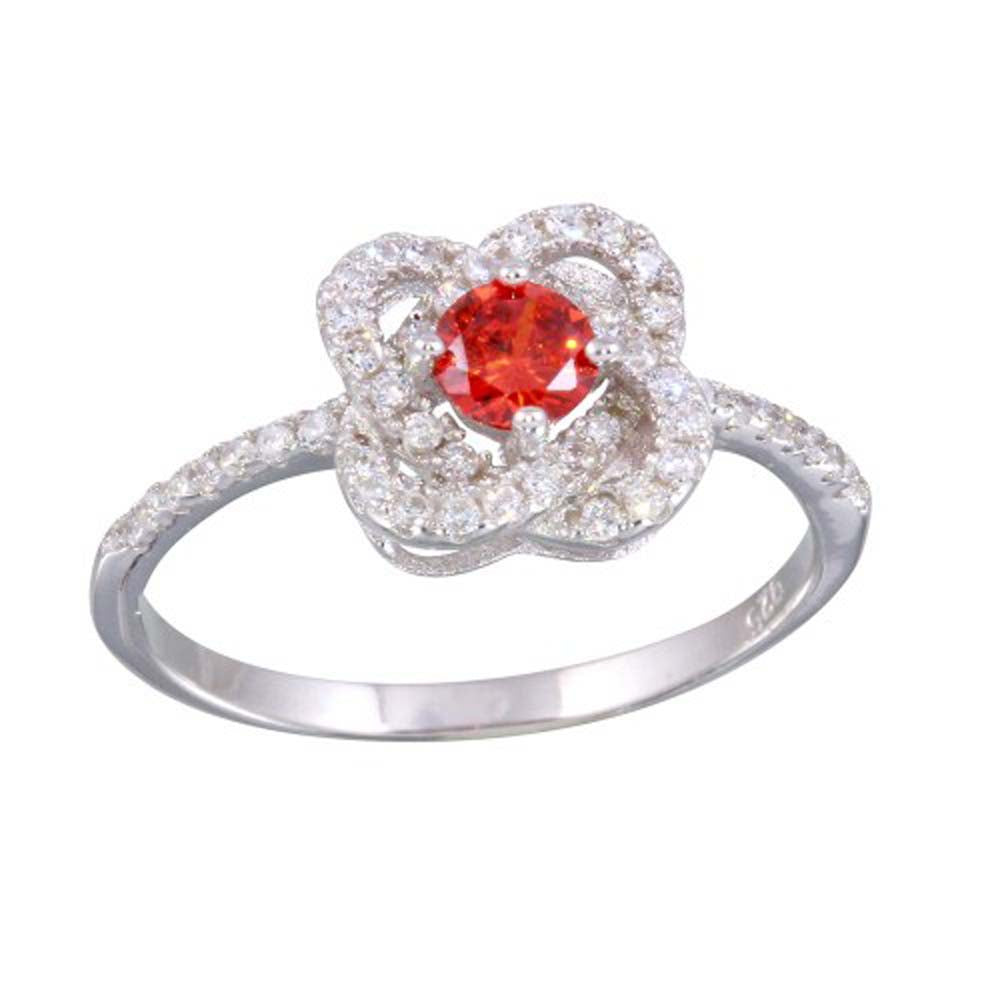 Sterling Silver Rhodium Plated CZ Knot Red Center Stone Ring