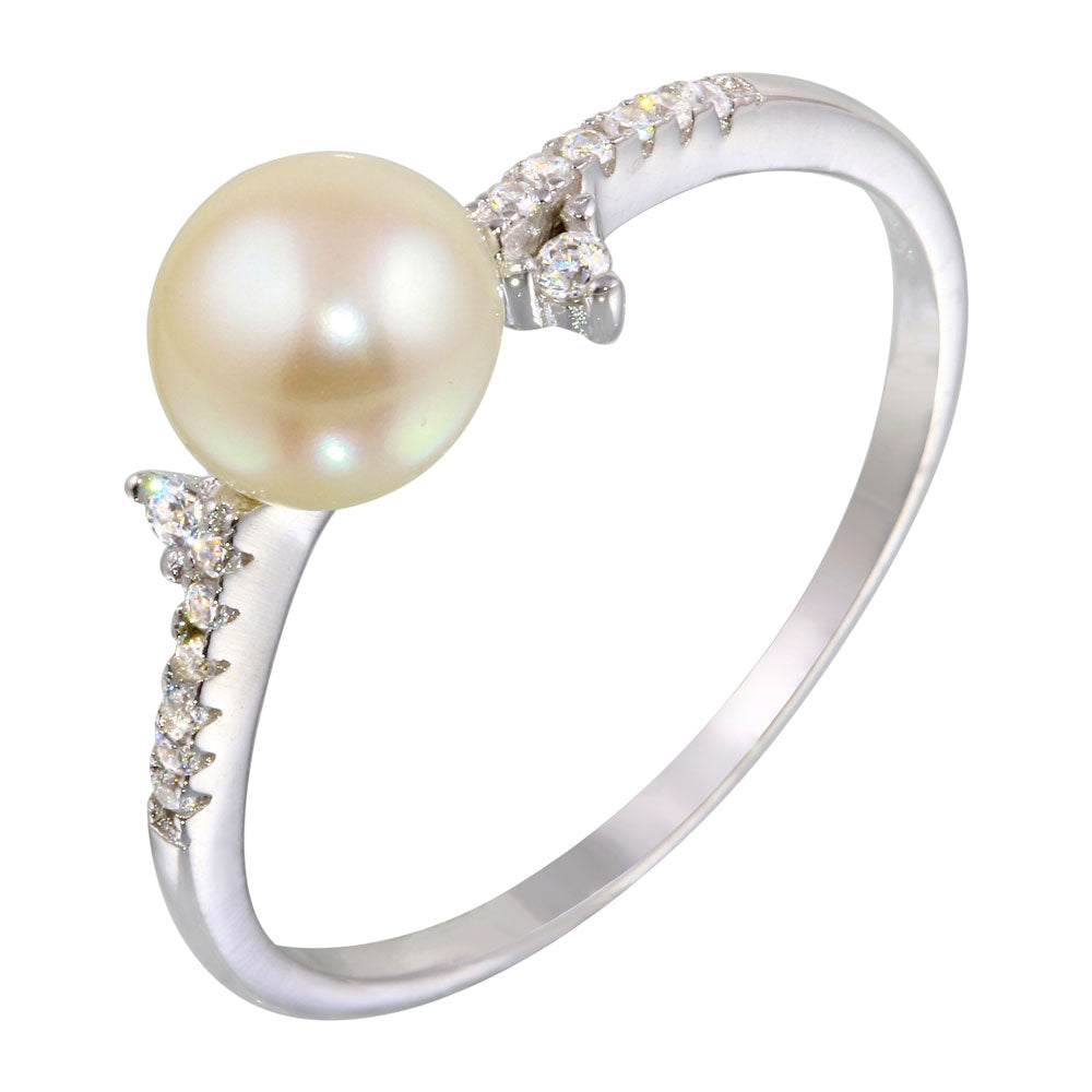 Sterling Silver Rhodium Plated White Pearl Ring with CZ