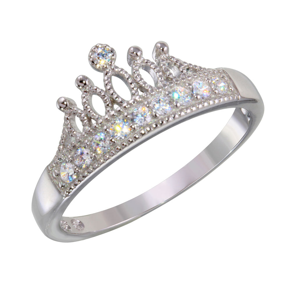 Sterling Silver Rhodium Plated Tiara Ring with CZ