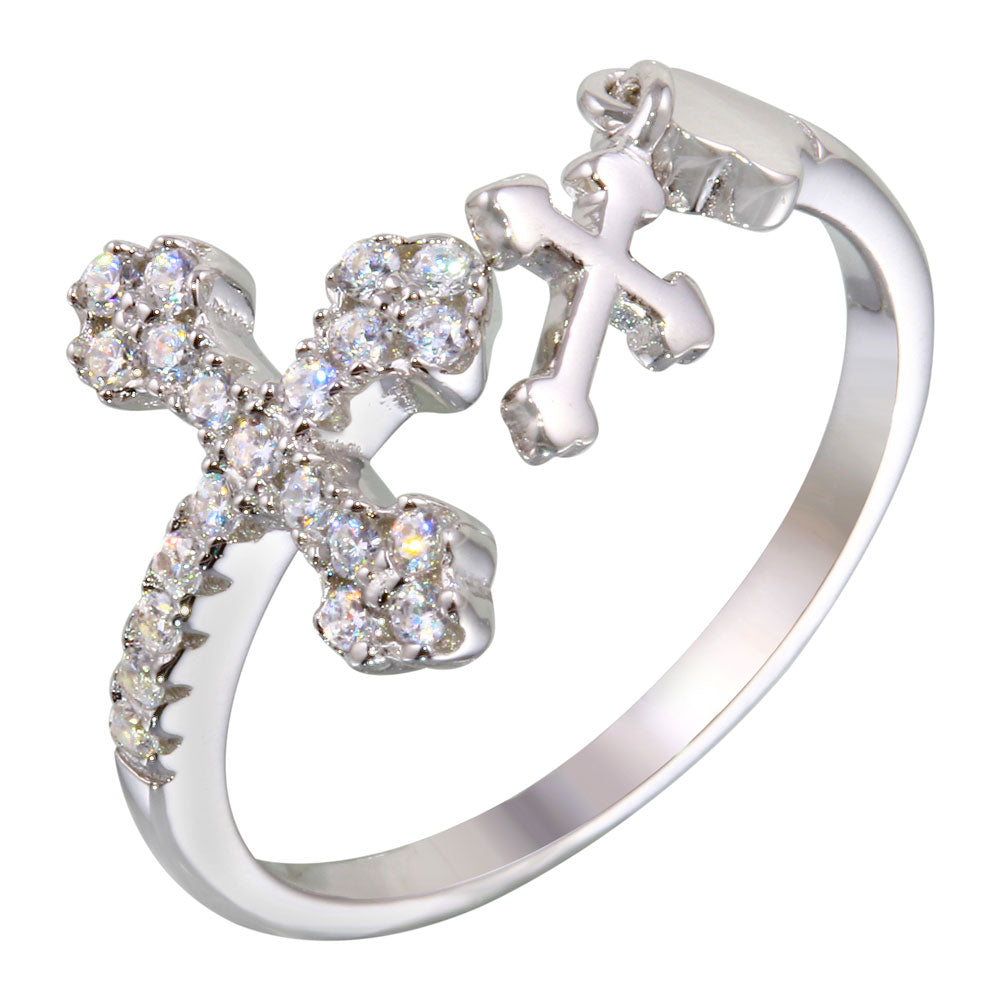 Sterling Silver Rhodium Plated Open End Cross Ring with CZ