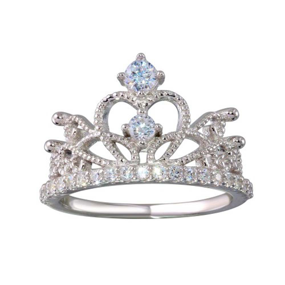 Sterling Silver Rhodium Plated Crown Shaped Ring With CZ Stones