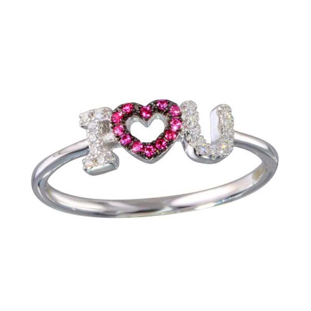 Sterling Silver Rhodium Plated I Heart U Shaped Ring With Pink And Clear CZ