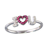 Sterling Silver Rhodium Plated I Heart U Shaped Ring With Pink And Clear CZ