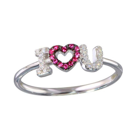 Sterling Silver Rhodium Plated I Heart U Shaped Ring With Pink And Clear CZ