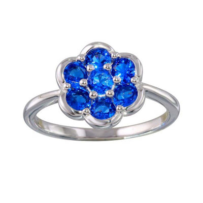 Sterling Silver Rhodium Plated Flower Shaped Ring With Blue CZ