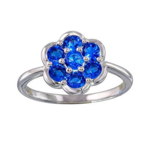 Sterling Silver Rhodium Plated Flower Shaped Ring With Blue CZ