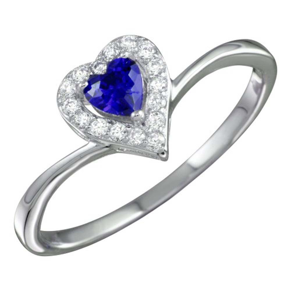 Sterling Silver Rhodium Plated Blue Heart Ring with CZ