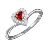 Sterling Silver Rhodium Plated Heart Shaped Ring With Red And Clear CZ Stones