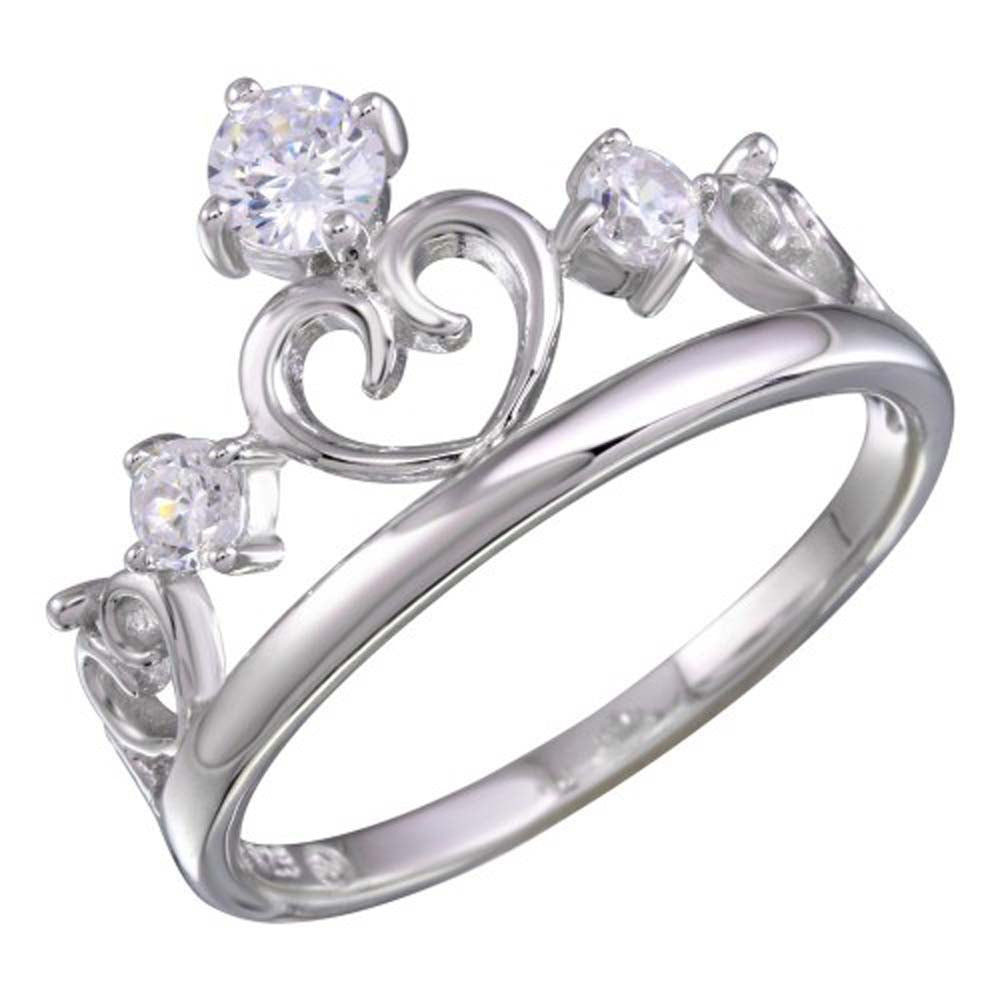 Sterling Silver Rhodium Heart Crown Shaped Ladies Ring With CZ Stones