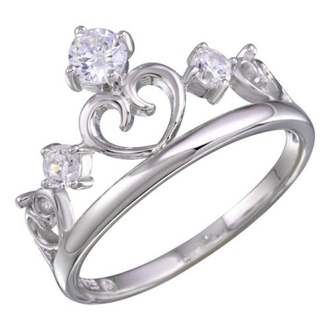 Sterling Silver Rhodium Heart Crown Shaped Ladies Ring With CZ Stones