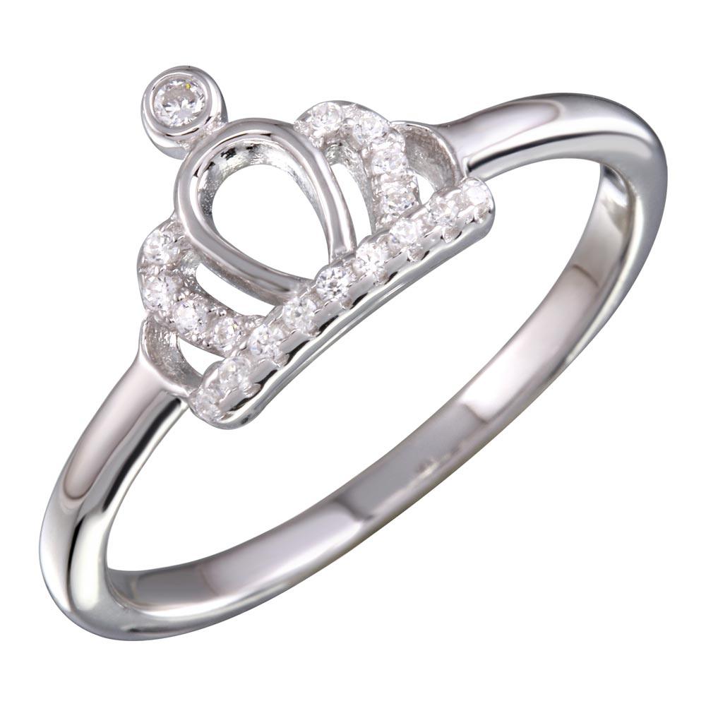 Sterling Silver Rhodium Plated Crown Shaped Ring With CZ Stones
