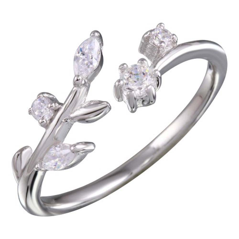 Sterling Silver Rhodium Plated Stem Shaped Ring With CZ Stones