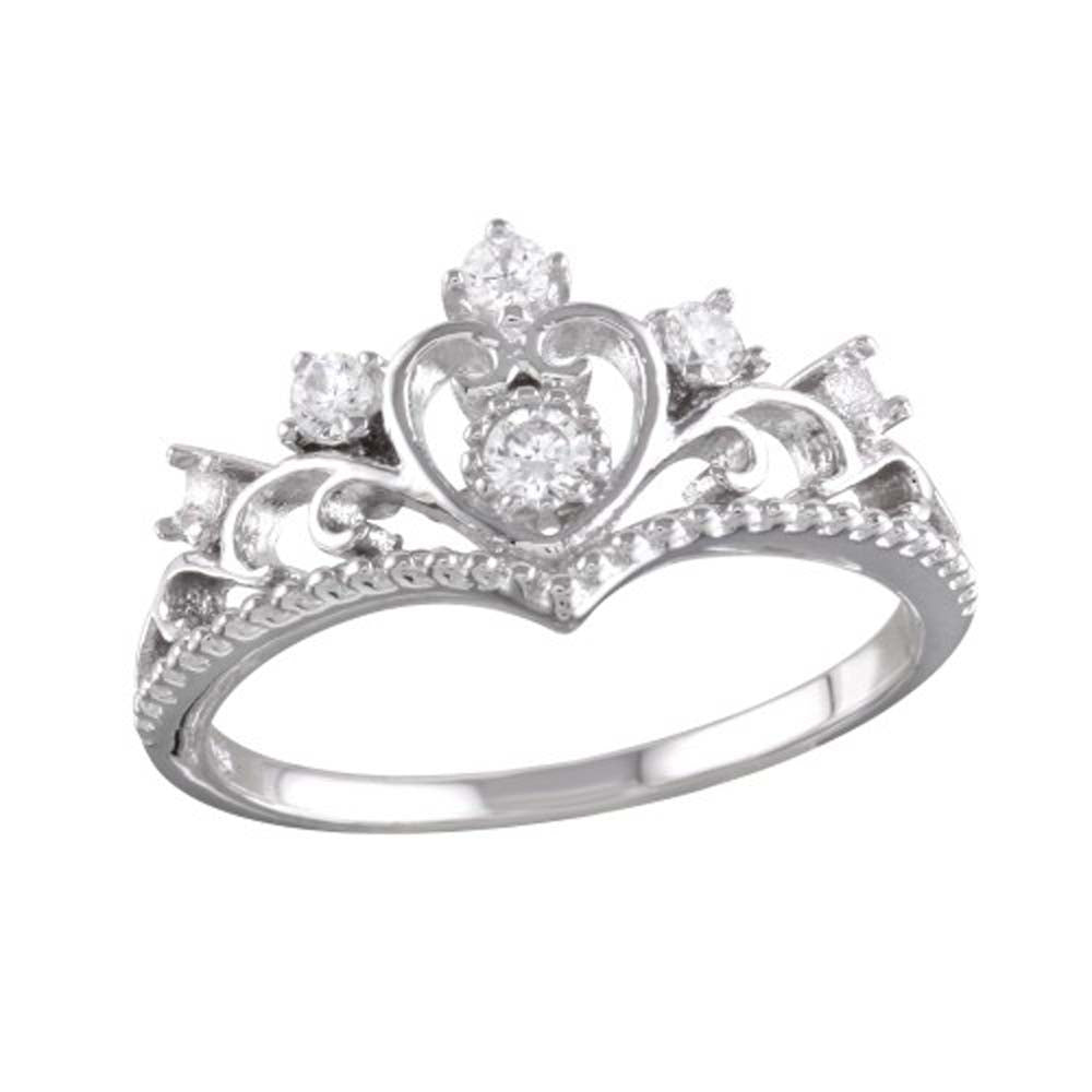 Sterling Silver Rhodium Plated Heart Tiara Ring With CZ Stones