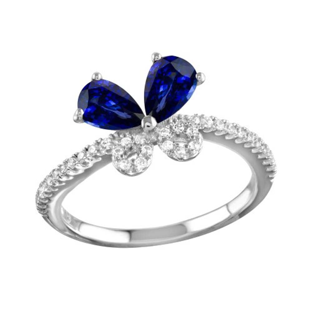 Sterling Silver Rhodium Plated Butterfly Shaped Ring with Blue and Clear CZ, Height 3.5mmAnd Width 6.1mm
