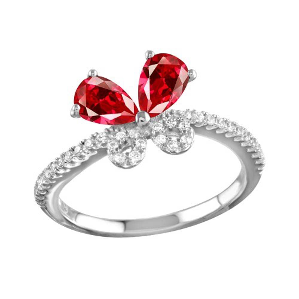 Sterling Silver Rhodium Plated Butterfly Shaped Ring With Red And Clear CZ Stones