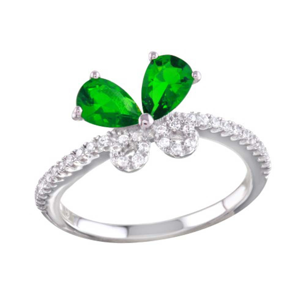 Sterling Silver Rhodium Plated Green Butterfly CZ Ring