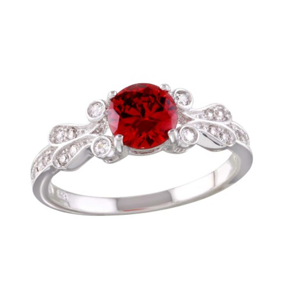 Sterling Silver Rhodium Plated Celtic Oval Shaped Ring With Red And Clear CZ Stones