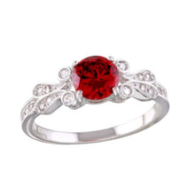 Load image into Gallery viewer, Sterling Silver Rhodium Plated Celtic Oval Shaped Ring With Red And Clear CZ Stones