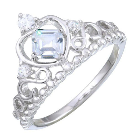 Sterling Silver Rhodium Plated Crown Shaped Ring With CZ Stones