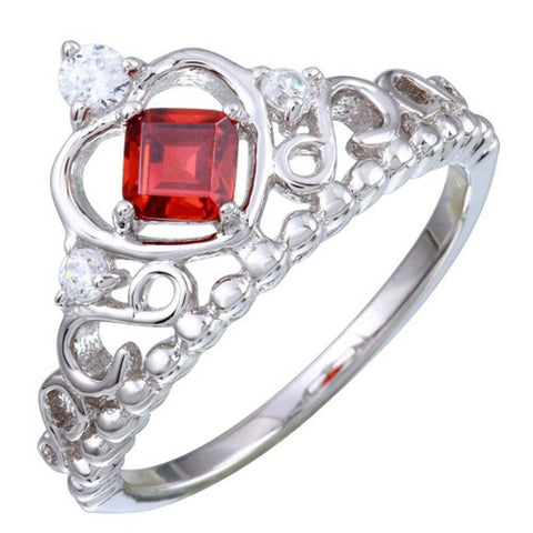 Sterling Silver Rhodium Plated Crown Shaped Ring With Red And Clear CZ Stones
