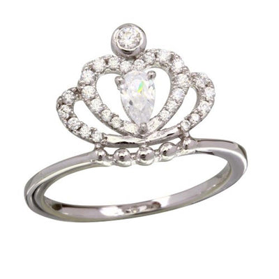 Sterling Silver Rhodium Plated Crown Shaped Ring With Clear CZ
