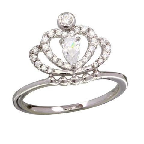 Sterling Silver Rhodium Plated Crown Shaped Ring With Clear CZ