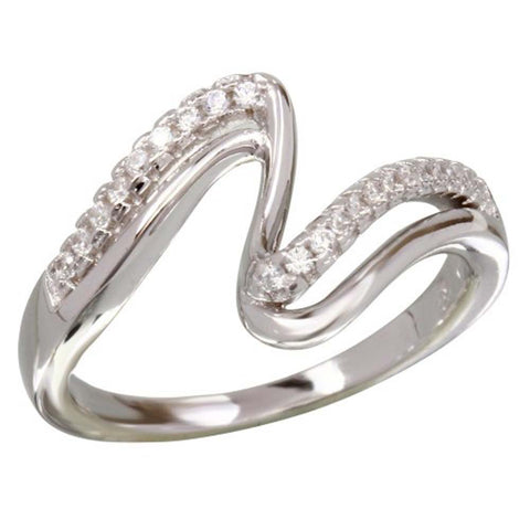 Sterling Silver Rhodium Plated Double Wave Shaped Ring With CZ Stones