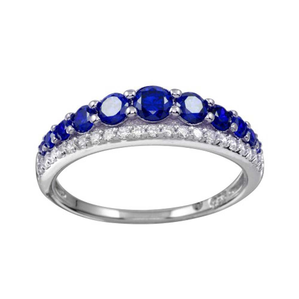 Sterling Silver Rhodium Plated Round  Blue And Clear Stones Ring