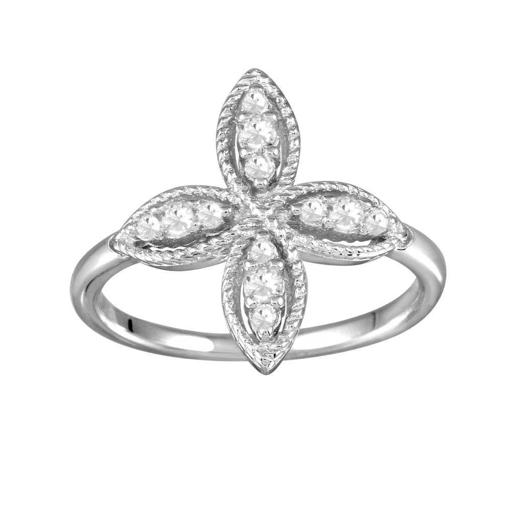 Sterling Silver Rhodium Plated Four Petal Ring with CZ