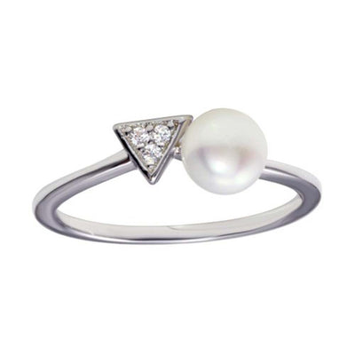 Sterling Silver Rhodium Plated CZ and Synthetic Pearl Ring