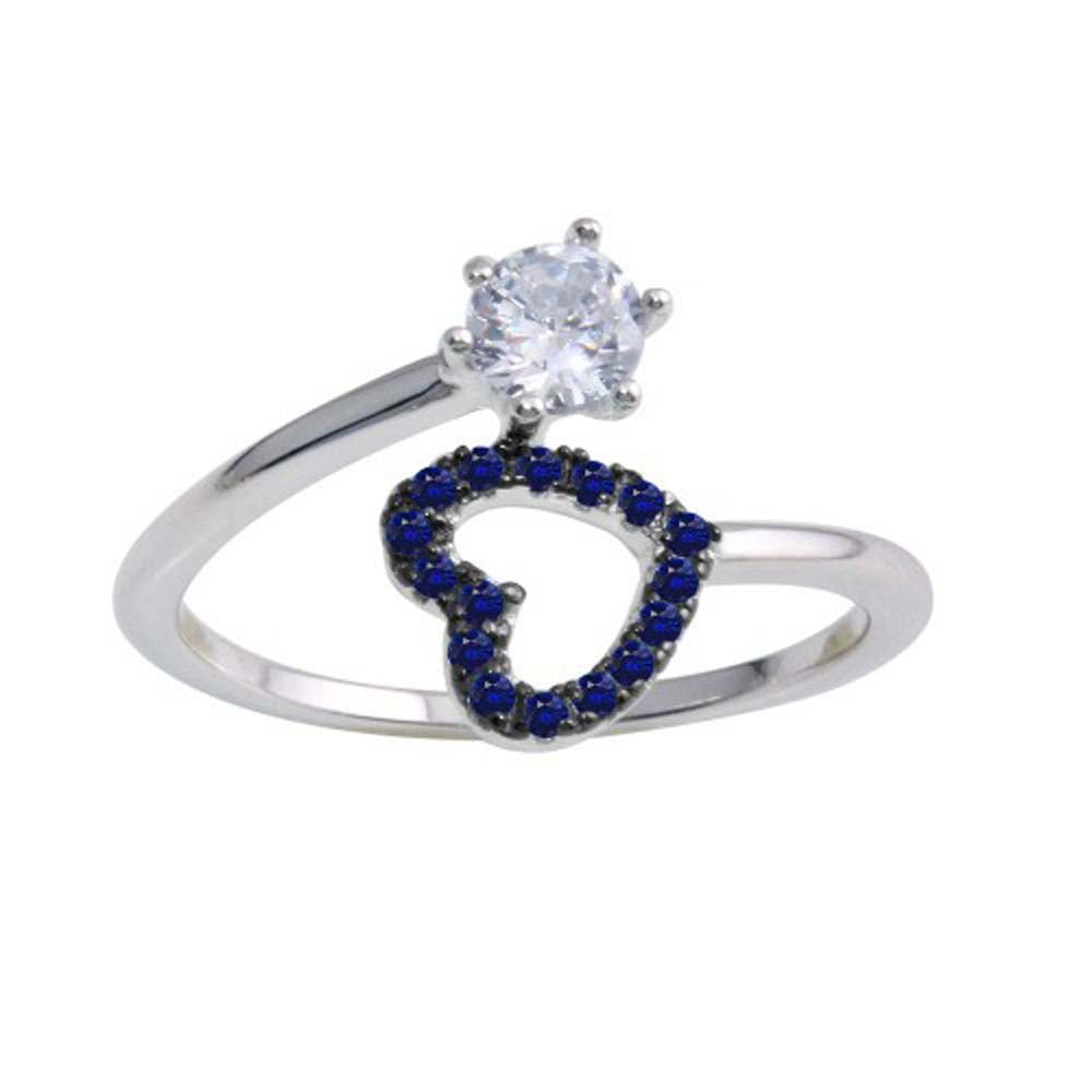 Sterling Silver Rhodium Plated Open Heart Ring with Blue and Clear CZ