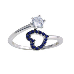 Sterling Silver Rhodium Plated Open Heart Ring with Blue and Clear CZ