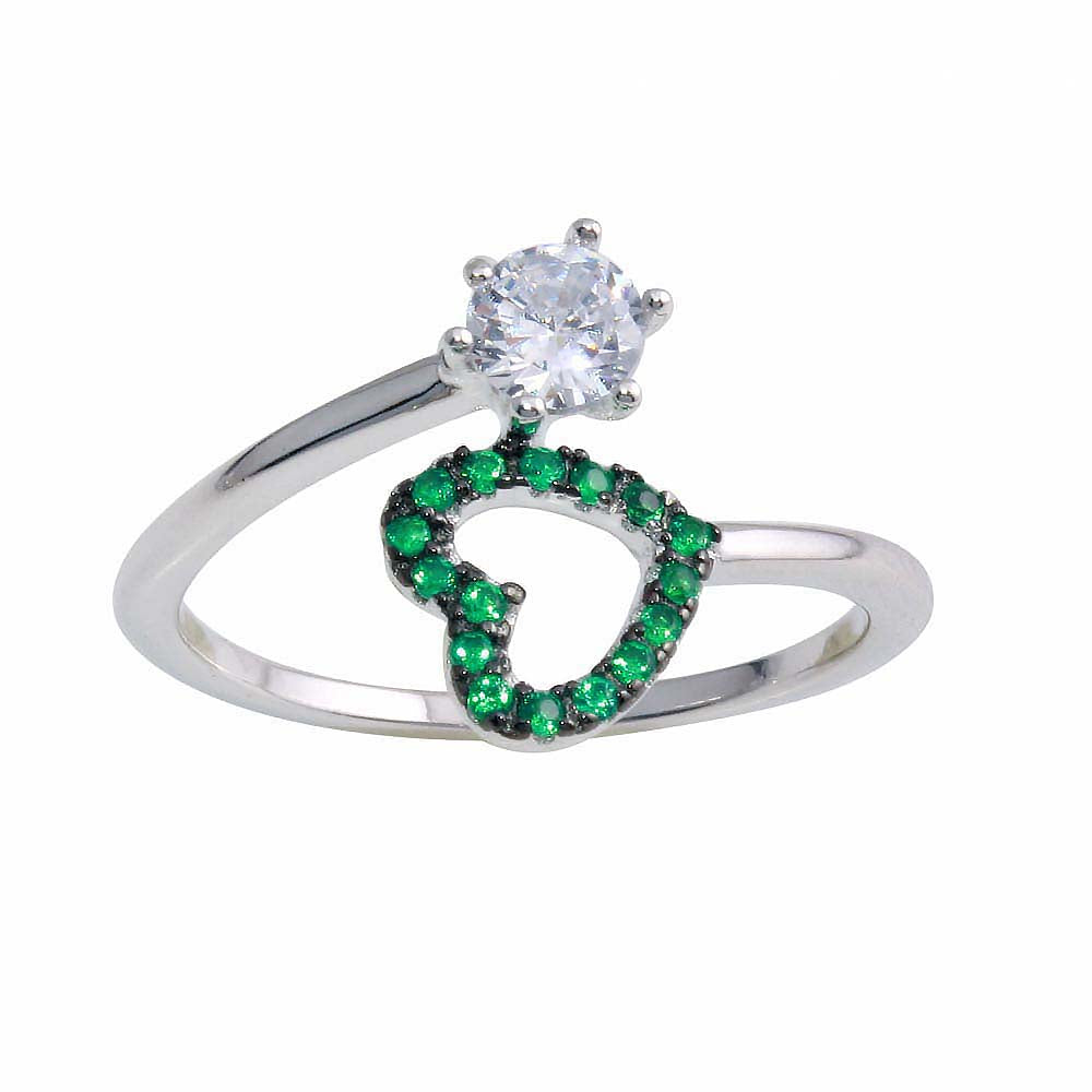 Sterling Silver Rhodium Plated Open Heart Ring with Green and Clear CZ