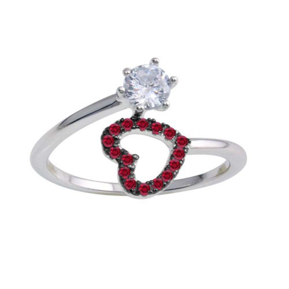 Sterling Silver Rhodium Plated Open Heart Ring with Red and Clear CZ