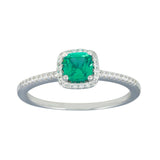 Sterling Silver Rhodium Plated Square Halo Emerald CZ Bridal Ring