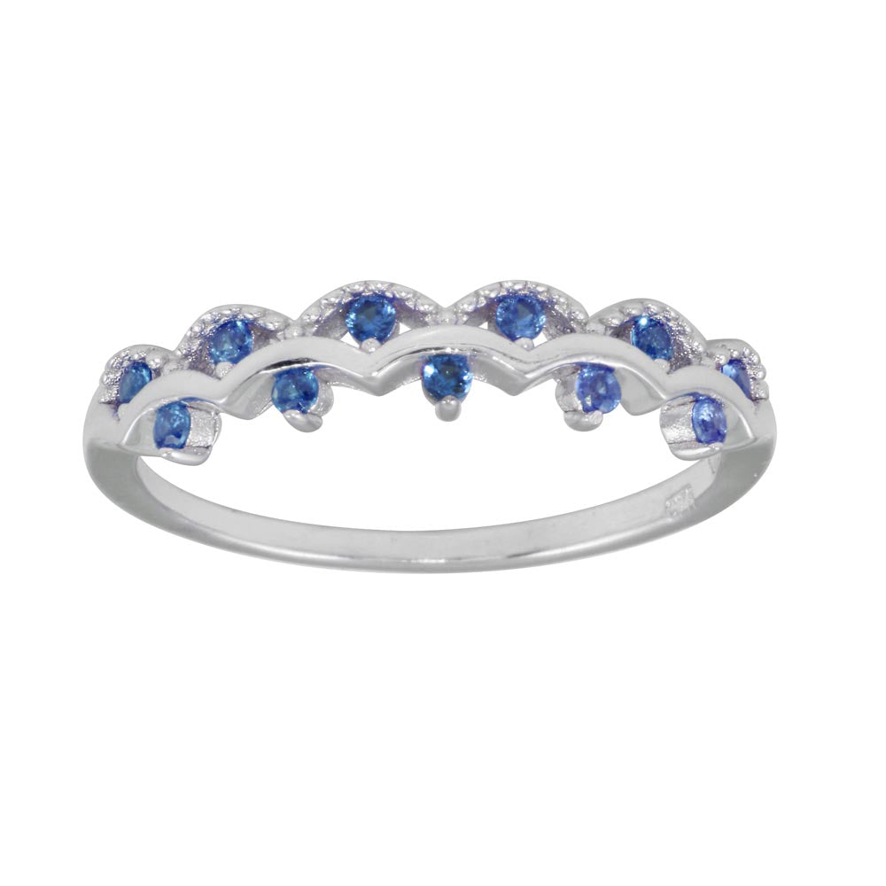 Sterling Silver Rhodium Plated Wavy Ring with Blue CZ